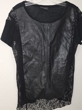 Zara W&B Collection Black Faux Leather Lace Overlay Top Large